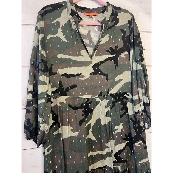 Vilgallo Long Sleeve Camo Print Maxi Dress Size 44 Gold Detailing Ruffle Collar - Picture 5 of 5
